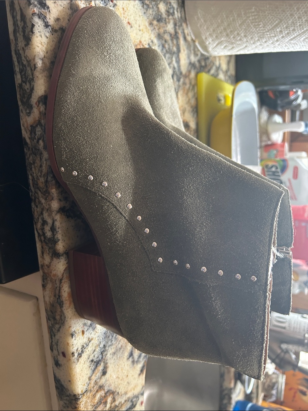 Franco Sarto Olive Suede Ankle Bootie with Stud Accents